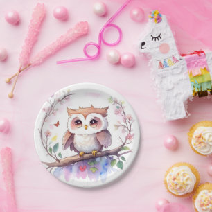 Whimsical Woodland Owl Girl Baby Shower Paper Plate