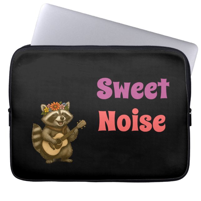 Whimsical Woodland Racoon – Floral Music Design Laptop Sleeve (Front)