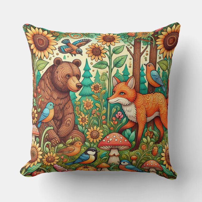 Whimsical Woodland Scene with Cute Animals Cushion (Front)