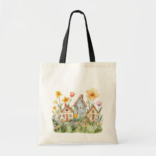 Whimsical Woodland–Squirrel & Houses Floral Garden Tote Bag