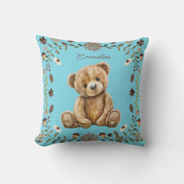 Whimsical Woodland Teddy Bear Blue Nursery Cushion (Front)
