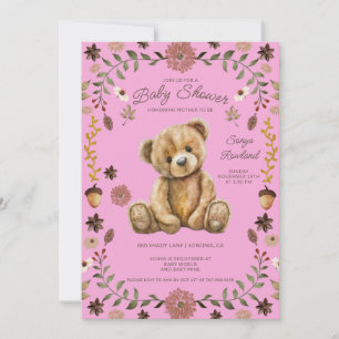 Whimsical Woodland Teddy Bear Pink Baby Shower Invitation