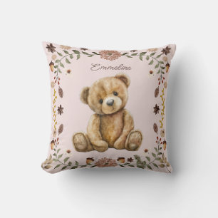 Whimsical Woodland Teddy BearBlush Pink Nursery Cushion
