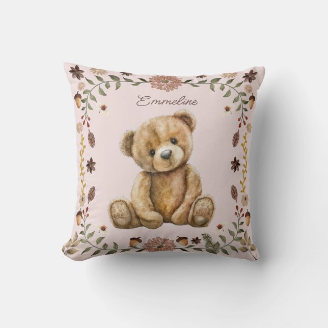 Whimsical Woodland Teddy BearBlush Pink Nursery Cushion (Front)