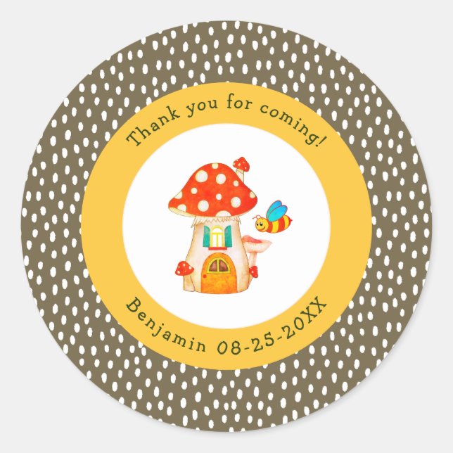 Whimsical Woodland Toadstool Gnome House Thank You Classic Round Sticker (Front)