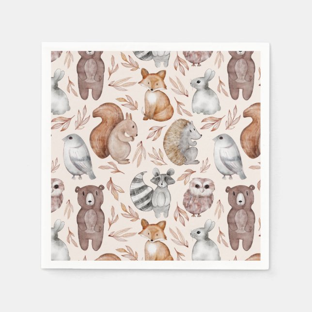 Whimsical Woodland Watercolor Animals Party Napkin (Front)