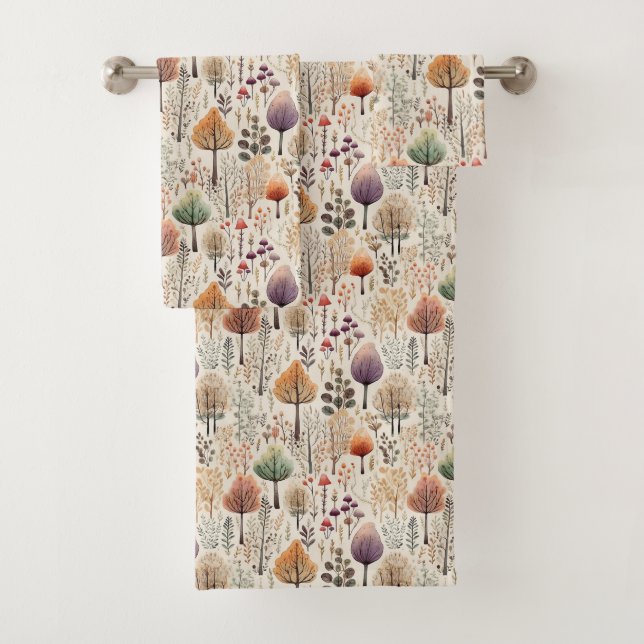Whimsical Woodland Watercolor Forest  Bath Towel Set (Insitu)