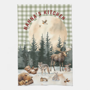 Whimsical Woodland Watercolor Winter Scene Tea Towel