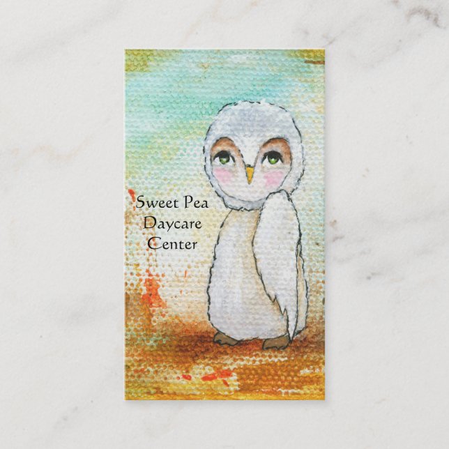 Whimsical Woodland White Owl Painting Folk Art Business Card (Front)