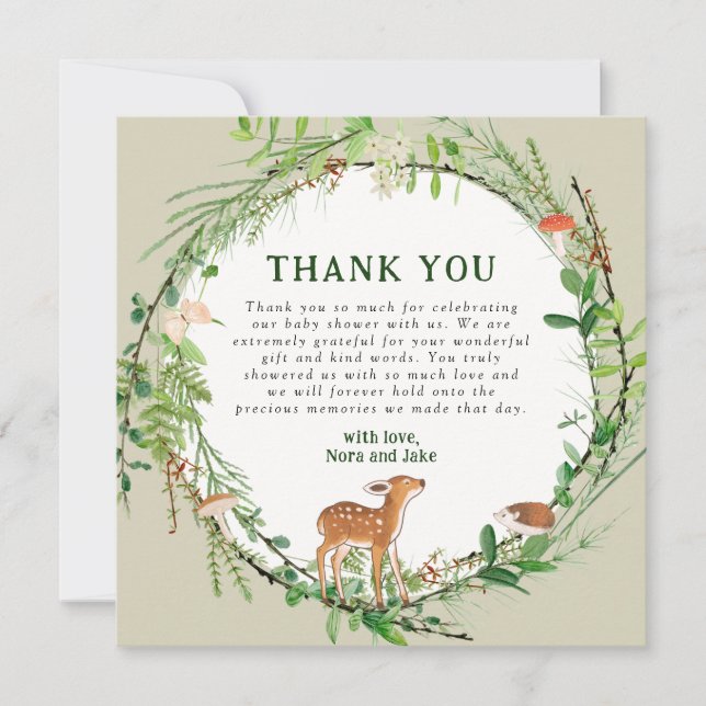 Whimsical Woodland Wreath Baby Shower  Thank You Card (Front)