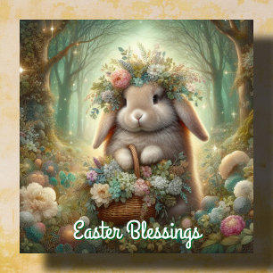 Whimsical Woodlands Bunny Flower Basket Easter  Holiday Card
