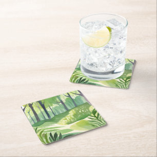 Whimsical Woods   Forest Watercolor Landscape Square Paper Coaster