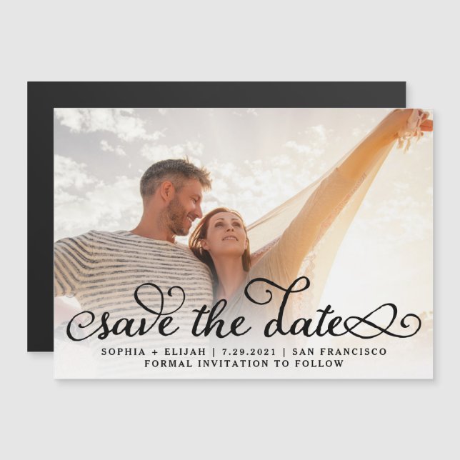 Whimsical Words | Black Script Photo Save The Date Magnetic Invitation (Front/Back)