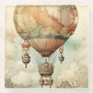 Whimsical World Globe Balloon Antique Teal Glass Coaster