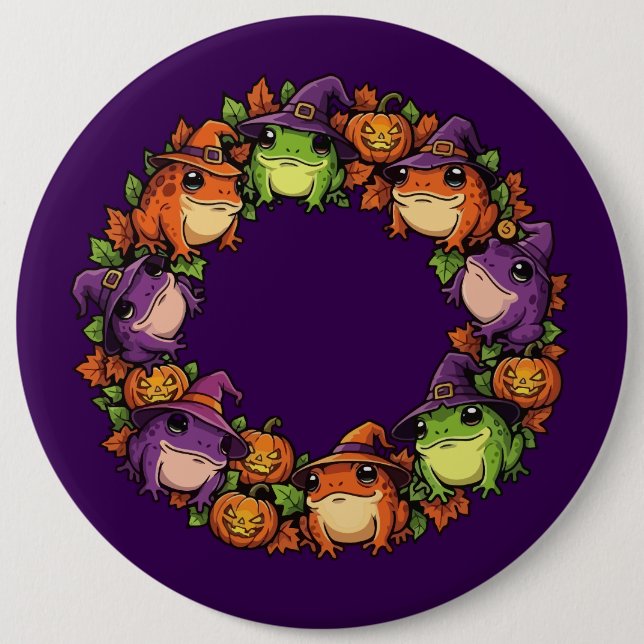 Whimsical Wreath Adorned With Toads Jackolanterns 6 Cm Round Badge (Front)