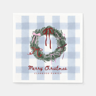 Whimsical Wreath Blue Gingham Christmas Napkins