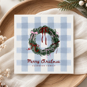 Whimsical Wreath Blue Gingham Christmas Napkins
