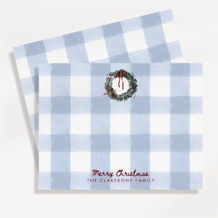Whimsical Wreath Christmas Blue Gingham Note Card