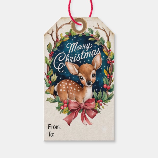 Whimsical Wreath Deer Christmas Gift Tags (Front)