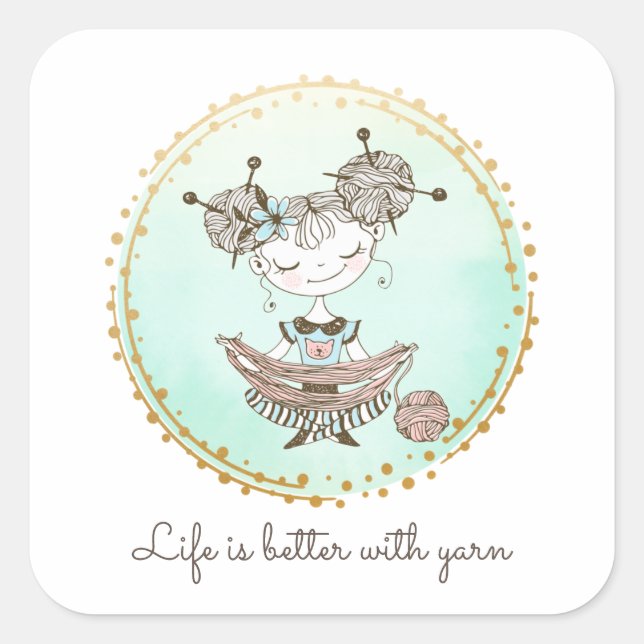 Whimsical Yarn Lover Girl Square Sticker (Front)