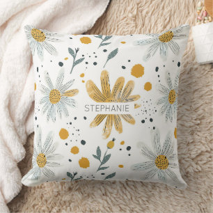 Whimsical Yellow and White Floral Pattern Cushion