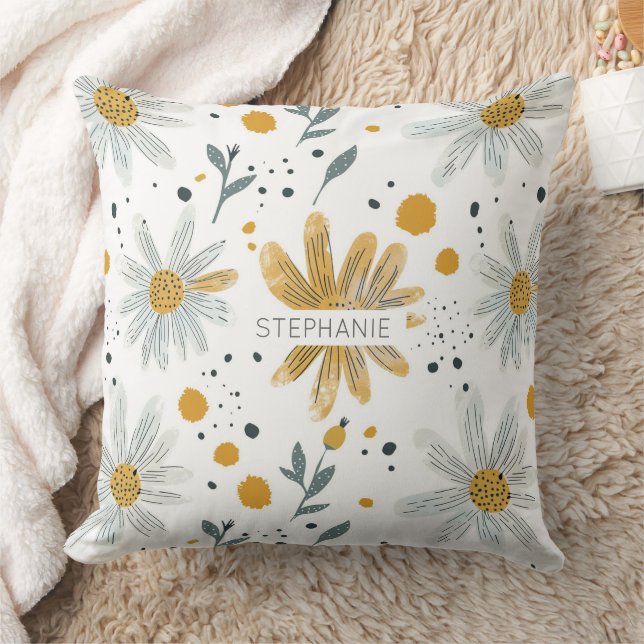 Whimsical Yellow and White Floral Pattern Cushion (Blanket)