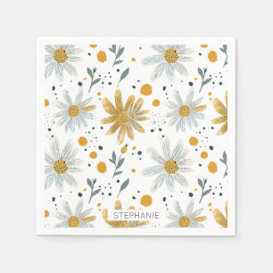 Whimsical Yellow and White Floral Pattern Napkin