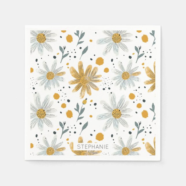 Whimsical Yellow and White Floral Pattern Napkin (Front)