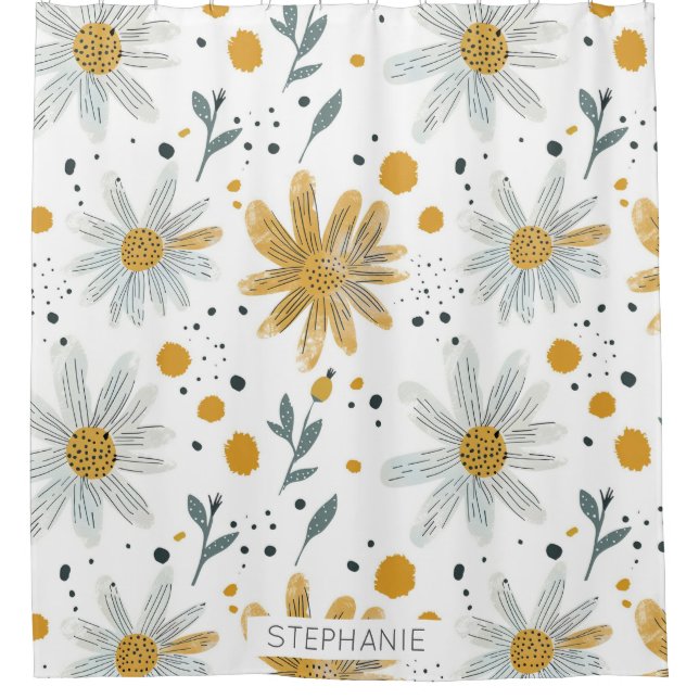 Whimsical Yellow and White Floral Pattern Shower Curtain (Front)