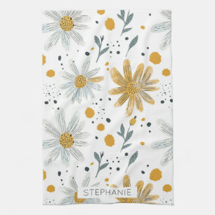 Whimsical Yellow and White Floral Pattern Tea Towel