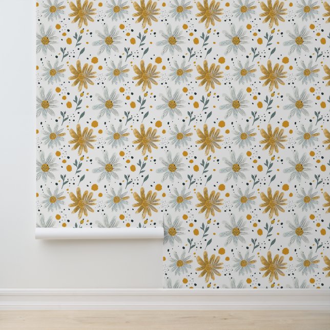 Whimsical Yellow and White Floral Pattern Wallpaper (Application)