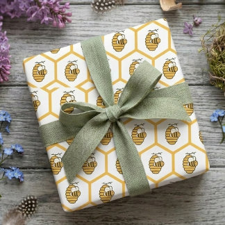Whimsical Yellow Beehive and Bumblebee Pattern Wrapping Paper