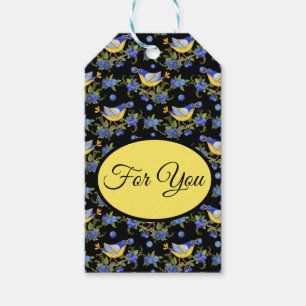 Whimsical Yellow Birds & Blueberries Blk Gift Tag