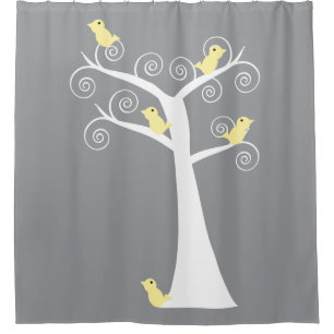 Whimsical Yellow Birds White Tree Nature Shower Curtain