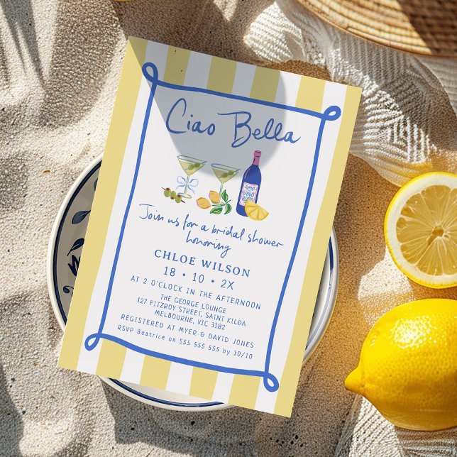 Whimsical Yellow Blue Ciao Bella Bridal Shower Invitation (Ciao Bella Bridal Shower Invitation, That's Amore Bridal Shower Invite, Italian Themed Yellow Blue)