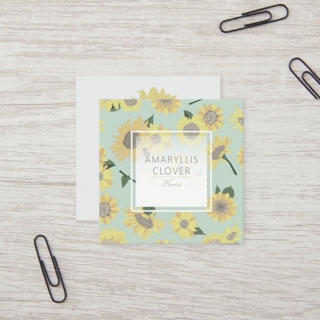 Whimsical Yellow Blue Sunflower Painted Flowers Square Business Card (Front/Back In Situ)