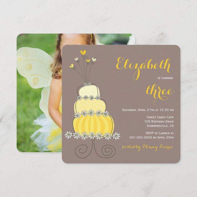 Whimsical Yellow Cake Girl Birthday Party Invite (Front/Back)