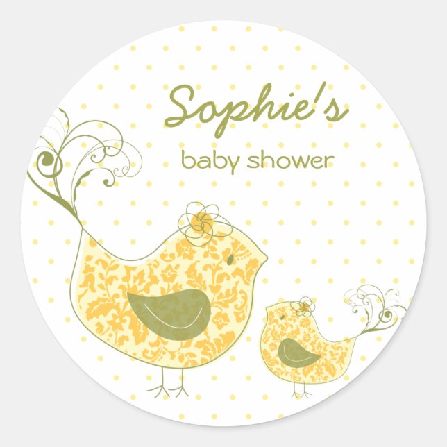 Whimsical Yellow Damask Mummy Bird & Baby Shower Classic Round Sticker (Front)