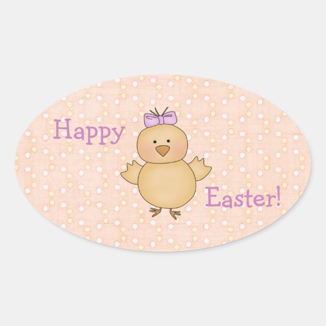 Whimsical Yellow Easter Chick on Peach Easter Eggs Oval Sticker (Front)