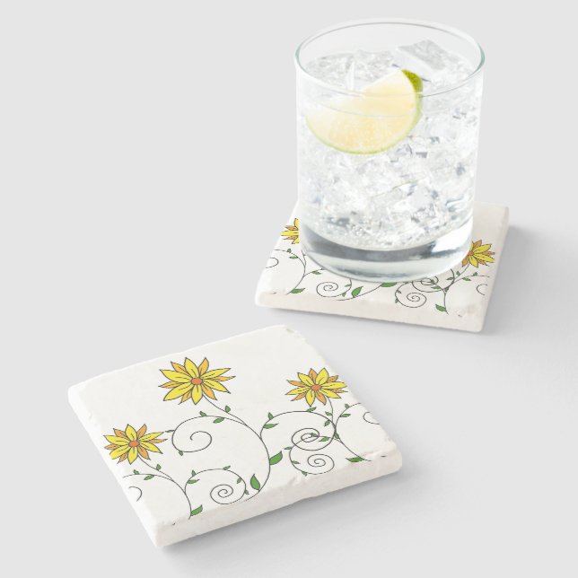 Whimsical Yellow Flower Doodle Art Stone Coaster (Side)