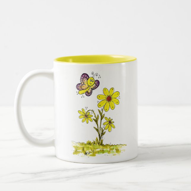 Whimsical Yellow Flowers with a Butterfly Two-Tone Coffee Mug (Left)