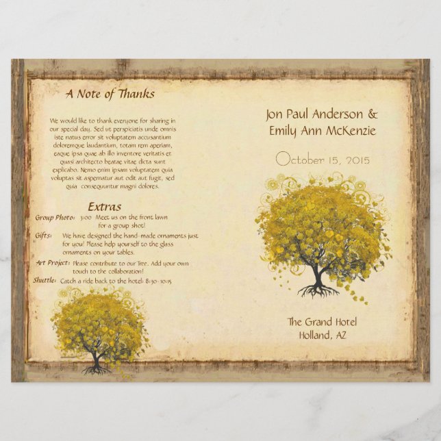 Whimsical Yellow Heart Leaf Tree Wedding Program (Front)