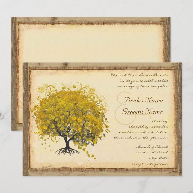 Whimsical Yellow Heart Tree Wedding Invitation (Front/Back)