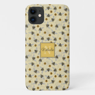 Whimsical Yellow Honeybee Drawing Pattern Custom iPhone 11 Case