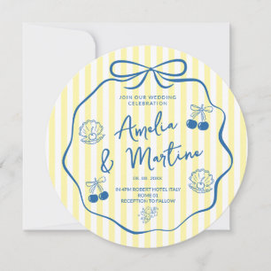 whimsical Yellow italian doodle Bow Wedding Invitation