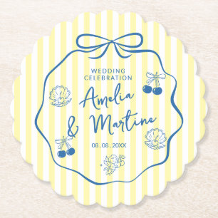 whimsical Yellow italian doodle Bow Wedding Paper Coaster