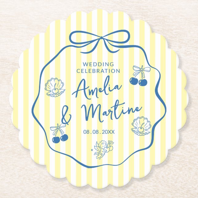 whimsical Yellow italian doodle Bow Wedding  Paper Coaster (Front)
