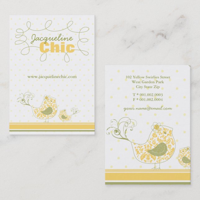 Whimsical Yellow Mummy And Baby Bird Damask Swirls Business Card (Front/Back)