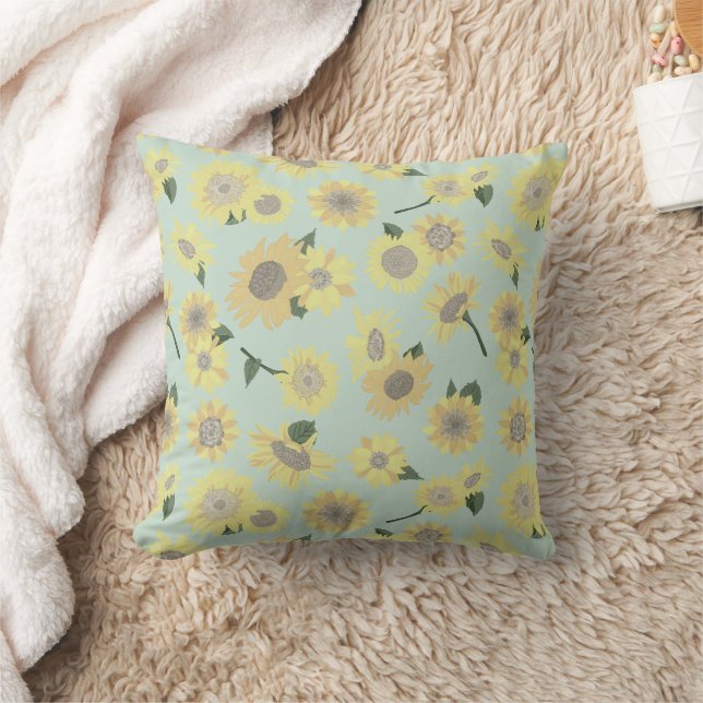Whimsical Yellow Orange Blue Painted Sunflower Cushion (Blanket)
