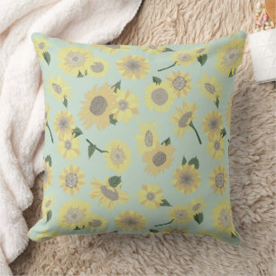Whimsical Yellow Orange Blue Sunflower Cushion